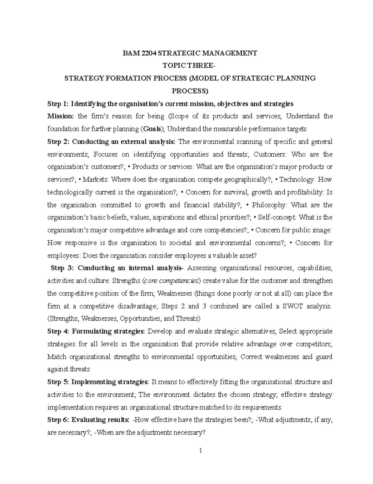 Topic Three- Strategy Formation Process ( Model OF Strategic Planning ...