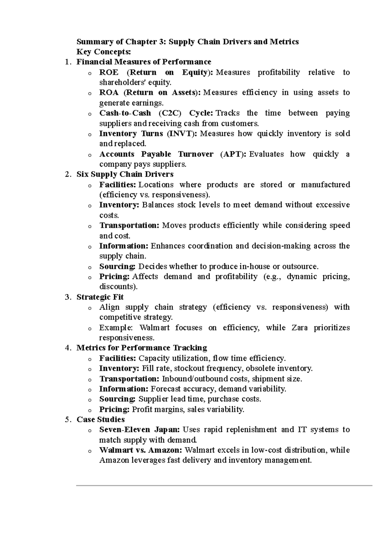 Summary of Chapter 3: Supply Chain Drivers & Metrics Analysis - Studocu