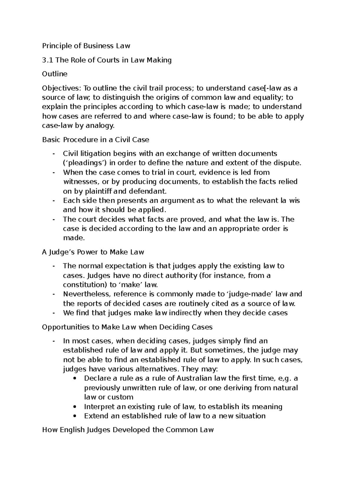 Principle of Business Law 3.1: The Role of Courts in Law Making Outline ...