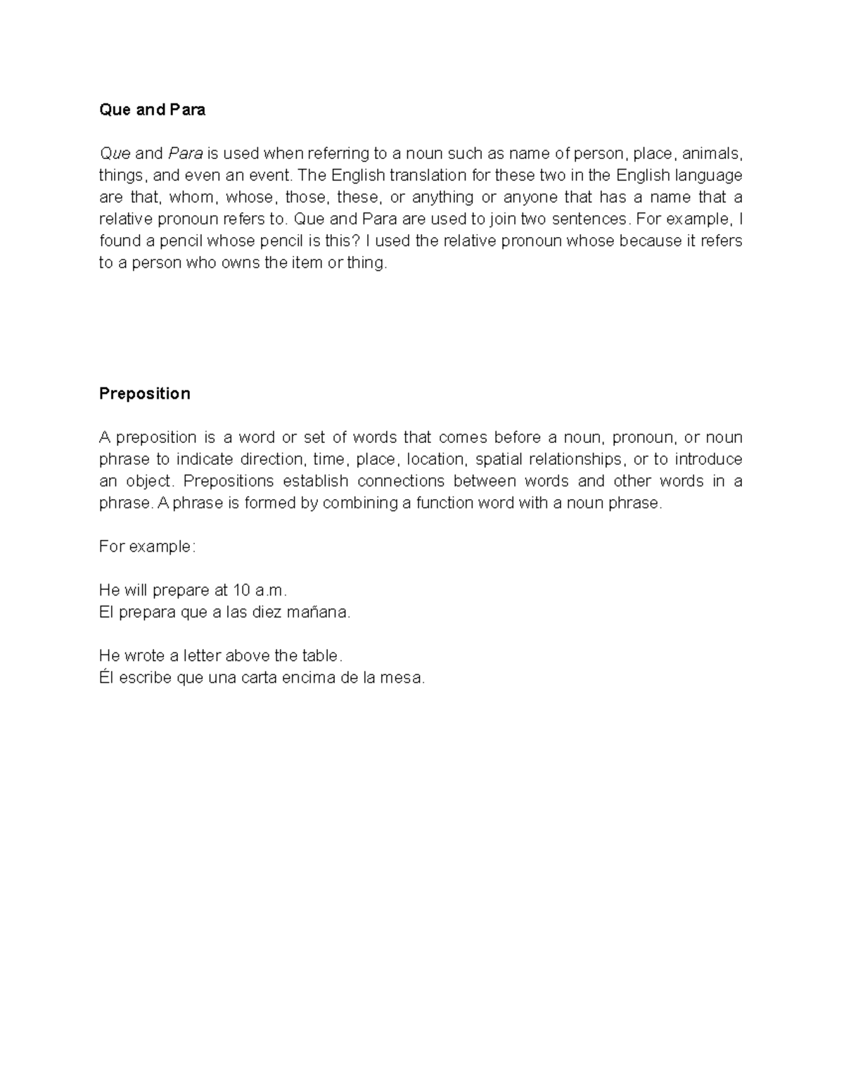 Que and Para Spanish - This is a translation of Que and Para. - Que and ...
