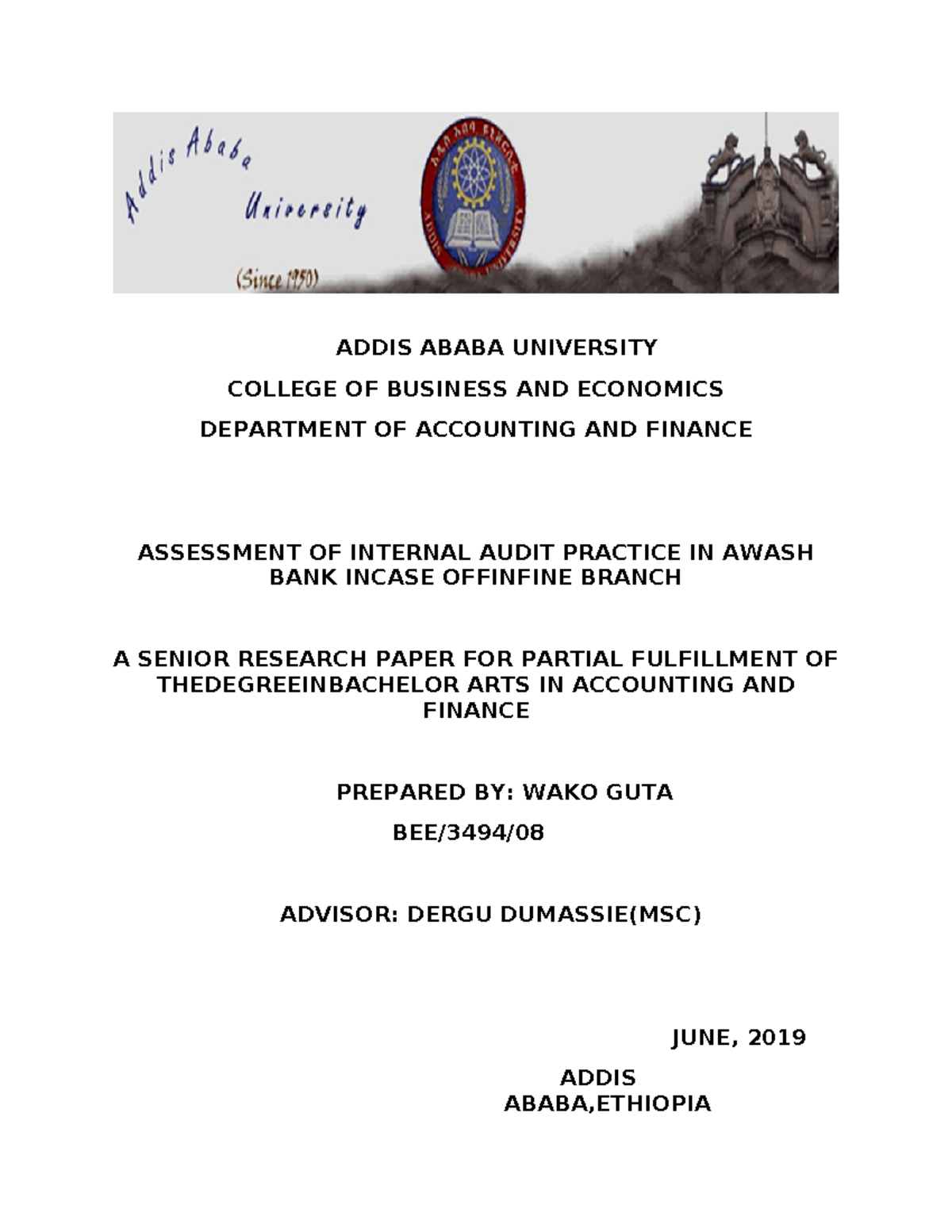 Assessment of Internal Audit Practice in Awash Bank (BEE/3494) - Studocu