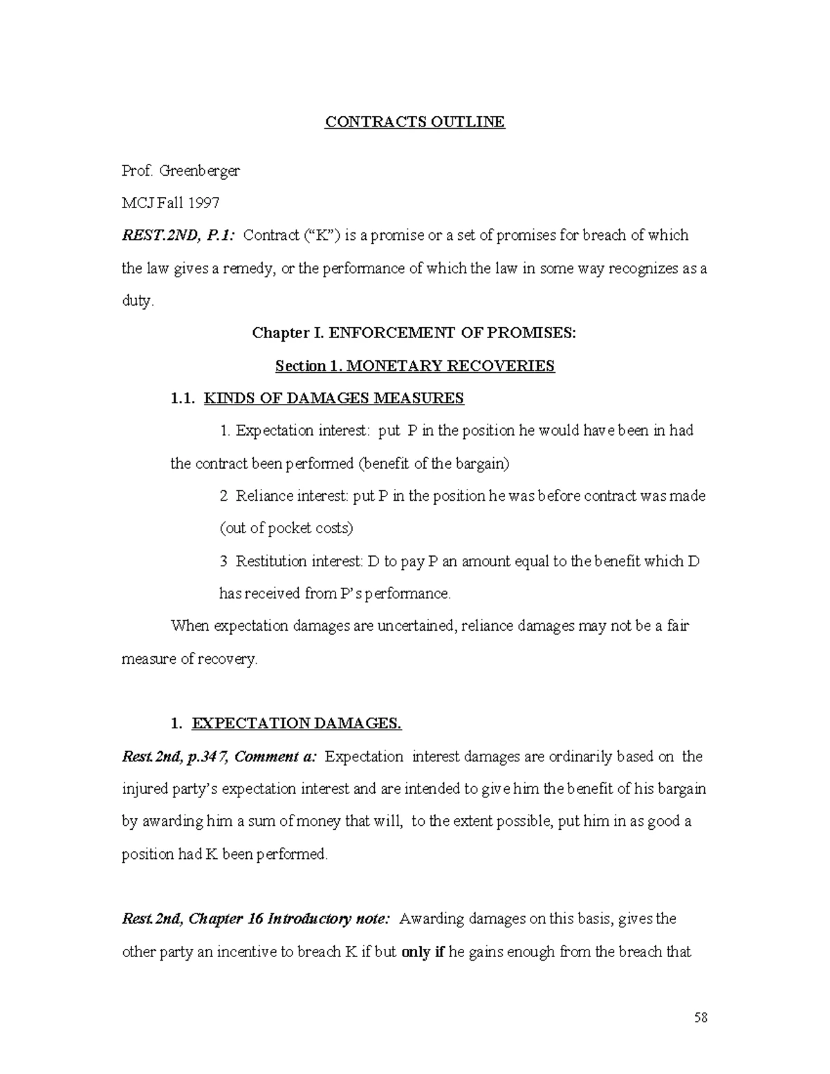 Contracts Outline: Key Concepts and Principles for Law Students - Studocu