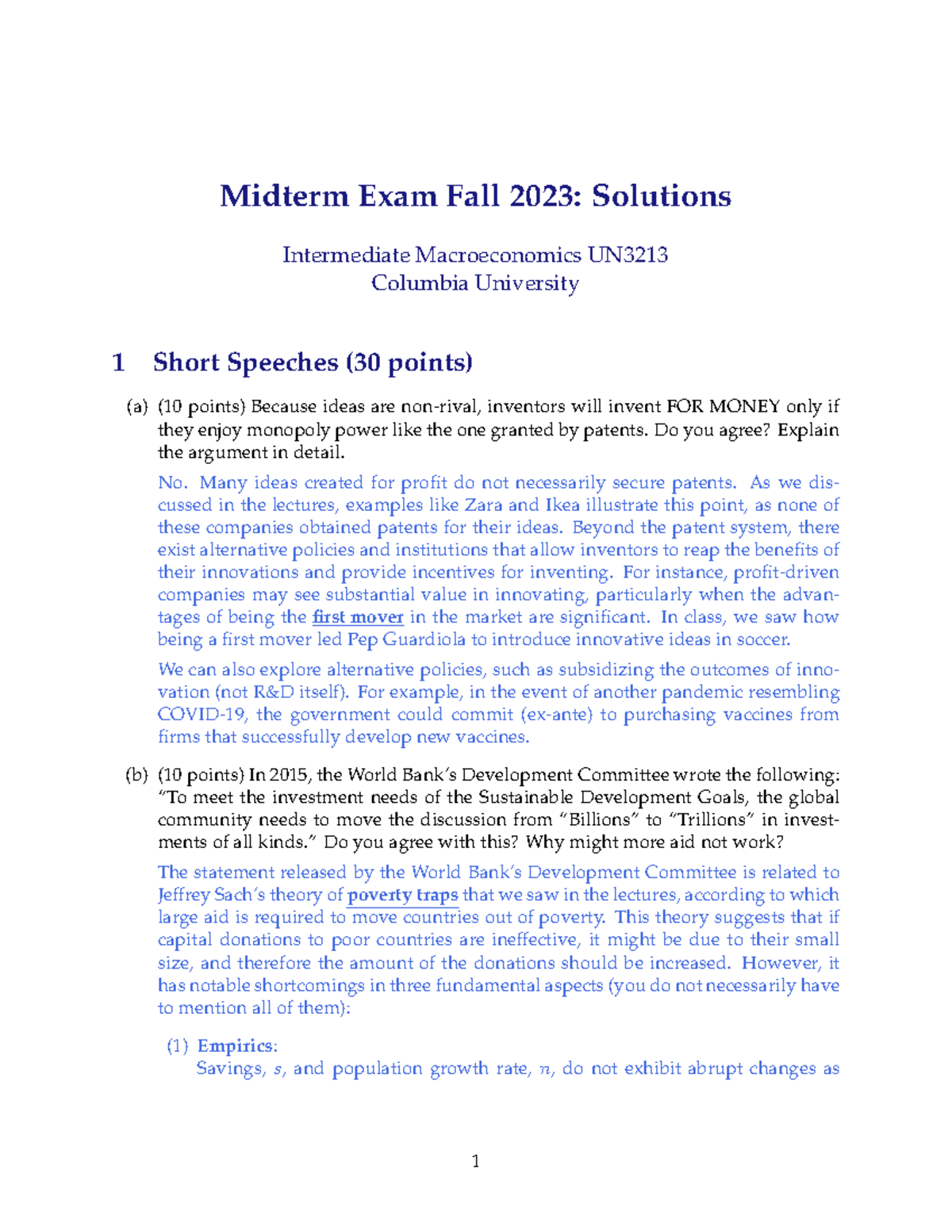 Midterm Exam Solutions for Intermediate Macroeconomics UN3213 Fall 2023 ...
