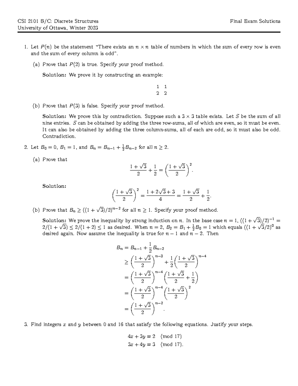 CSI 2101 B/C: Discrete Structures Final Exam Solutions - Winter 2023 ...