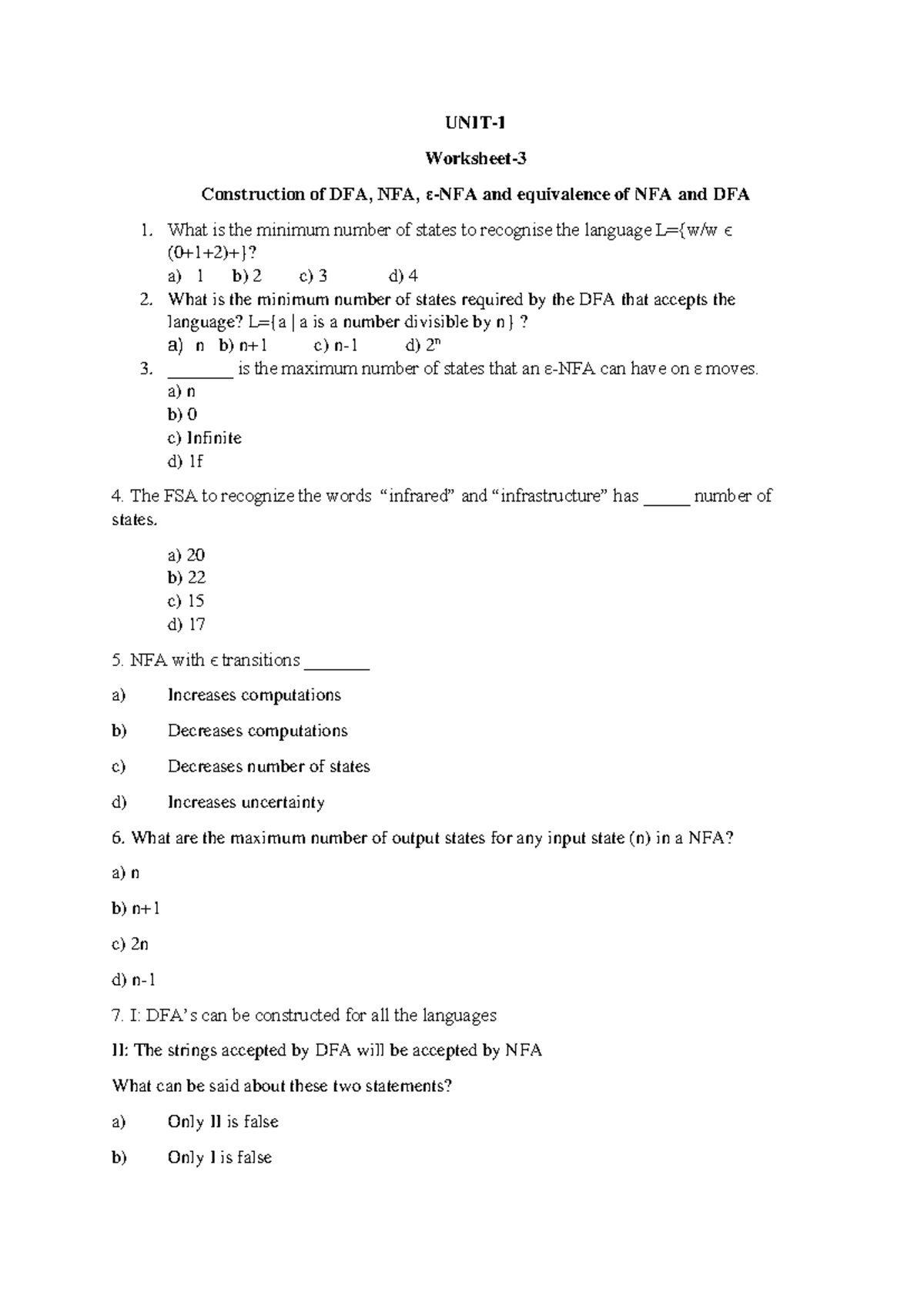 WS3 Worksheet on DFA, NFA, and ε-NFA Techniques - Studocu