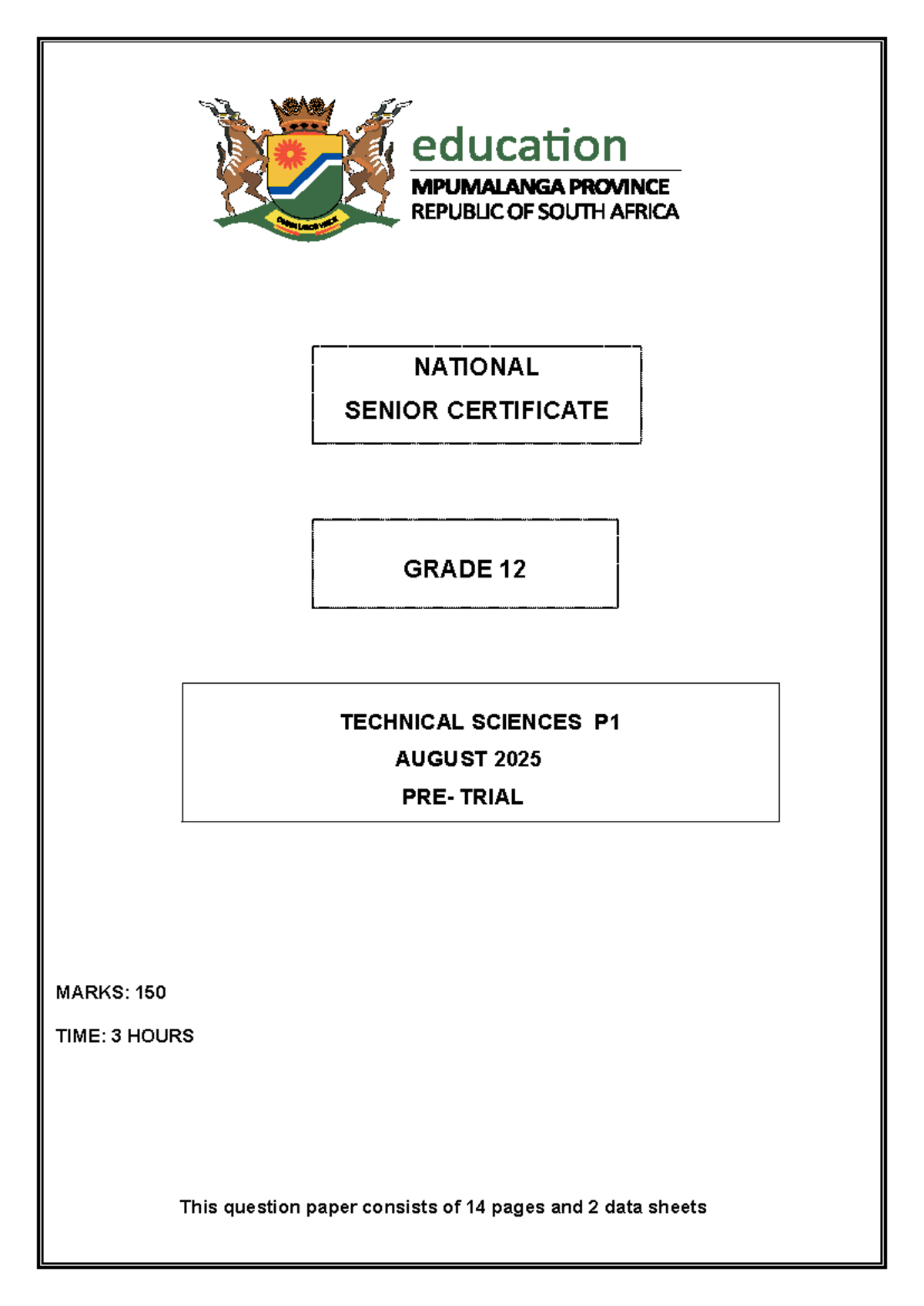 Technical Sciences P1 August 2025 Trial Exam Paper - Studocu