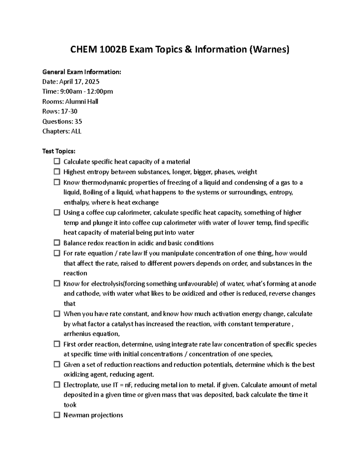 CHEM1002B Final Exam Topics & Info: Key Concepts & Guidelines - Studocu