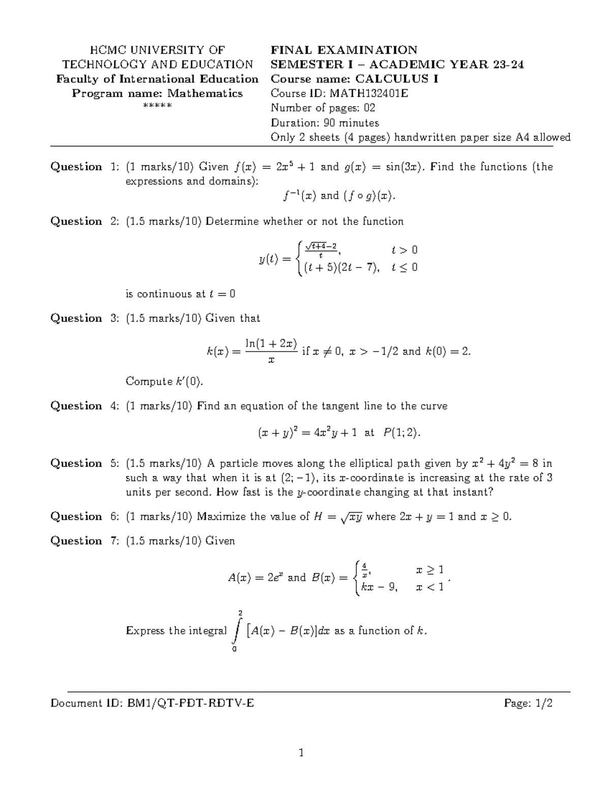 MATH132401E - Calculus I Final Exam Questions and Guidelines - Studocu