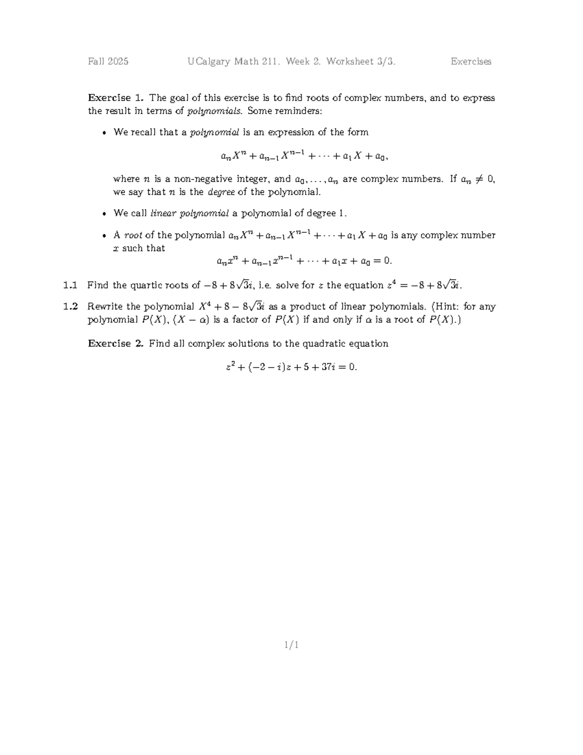 Math 211 Fall 2025: Week 2 Worksheet on Complex Roots - Studocu