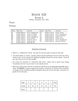 Math 121 2024 Exam 1 - Math 121 Exam 1 Friday: October 18th, 2024 Name ...