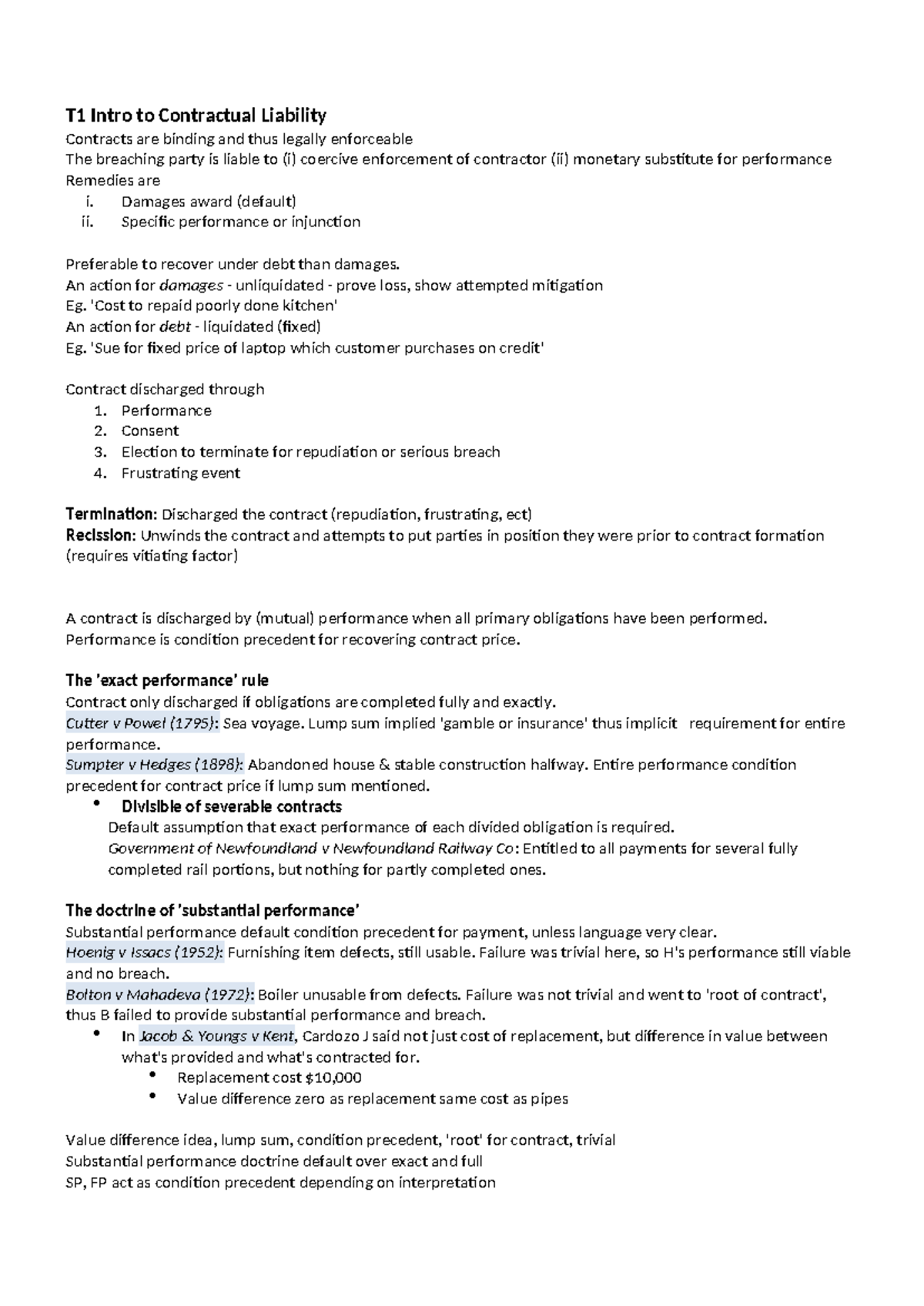 Contracts 2 Outline: Key Concepts in Contractual Liability and Remedies ...