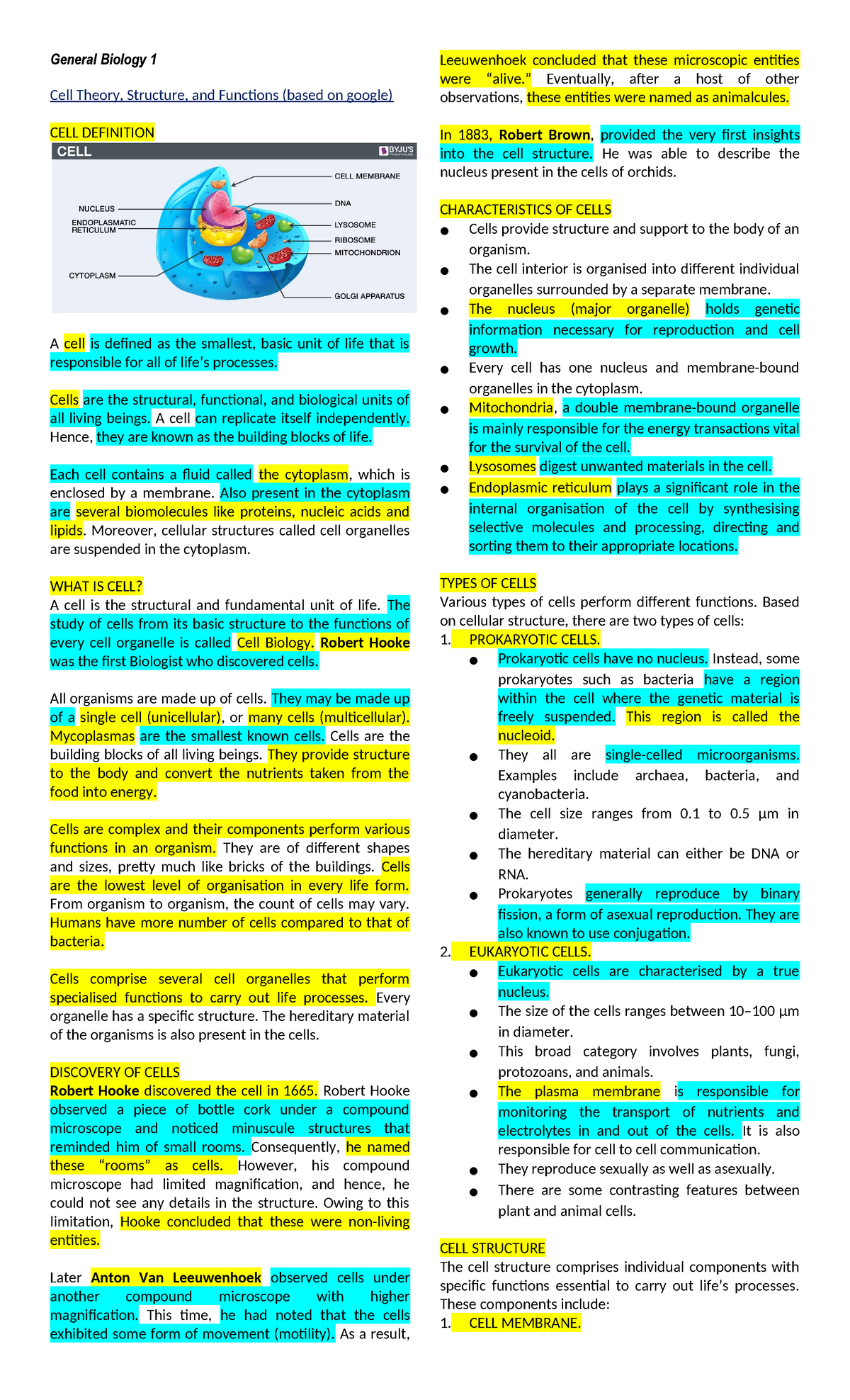 Biology 101: Cell Theory, Structure, and Functions Overview - Studocu