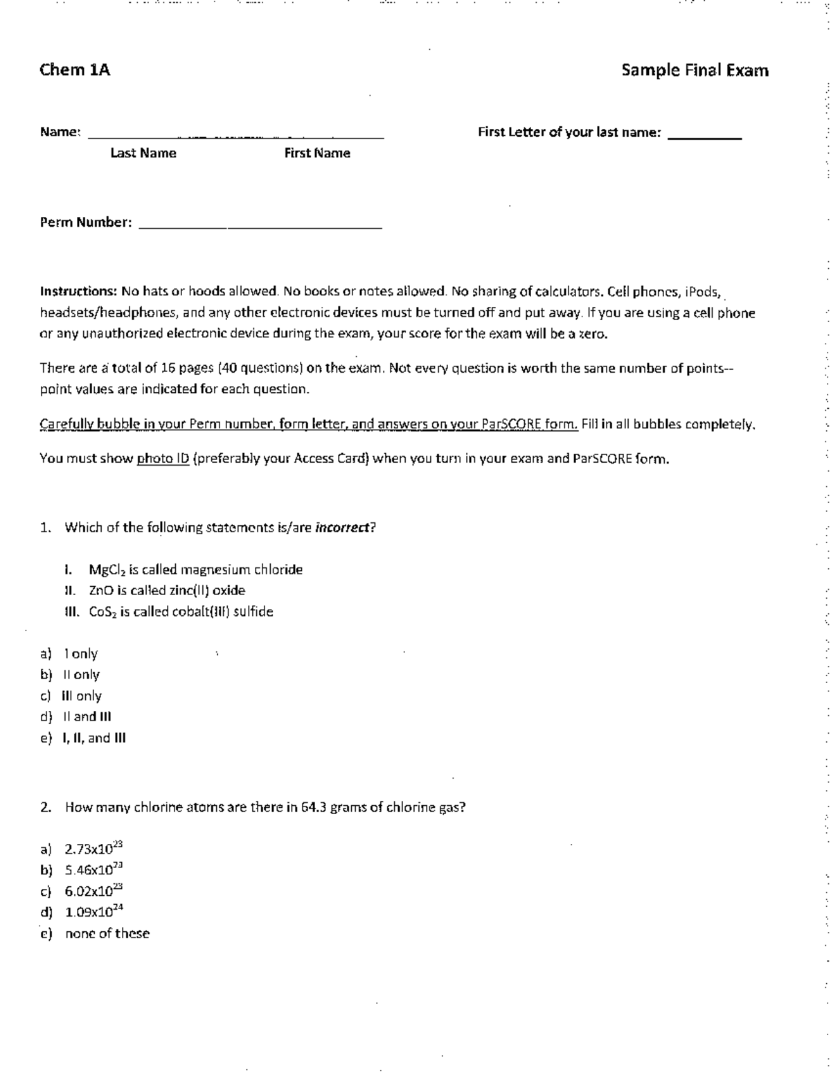 Chem 1A Sample Final Exam Practice Questions and Answers - Studocu