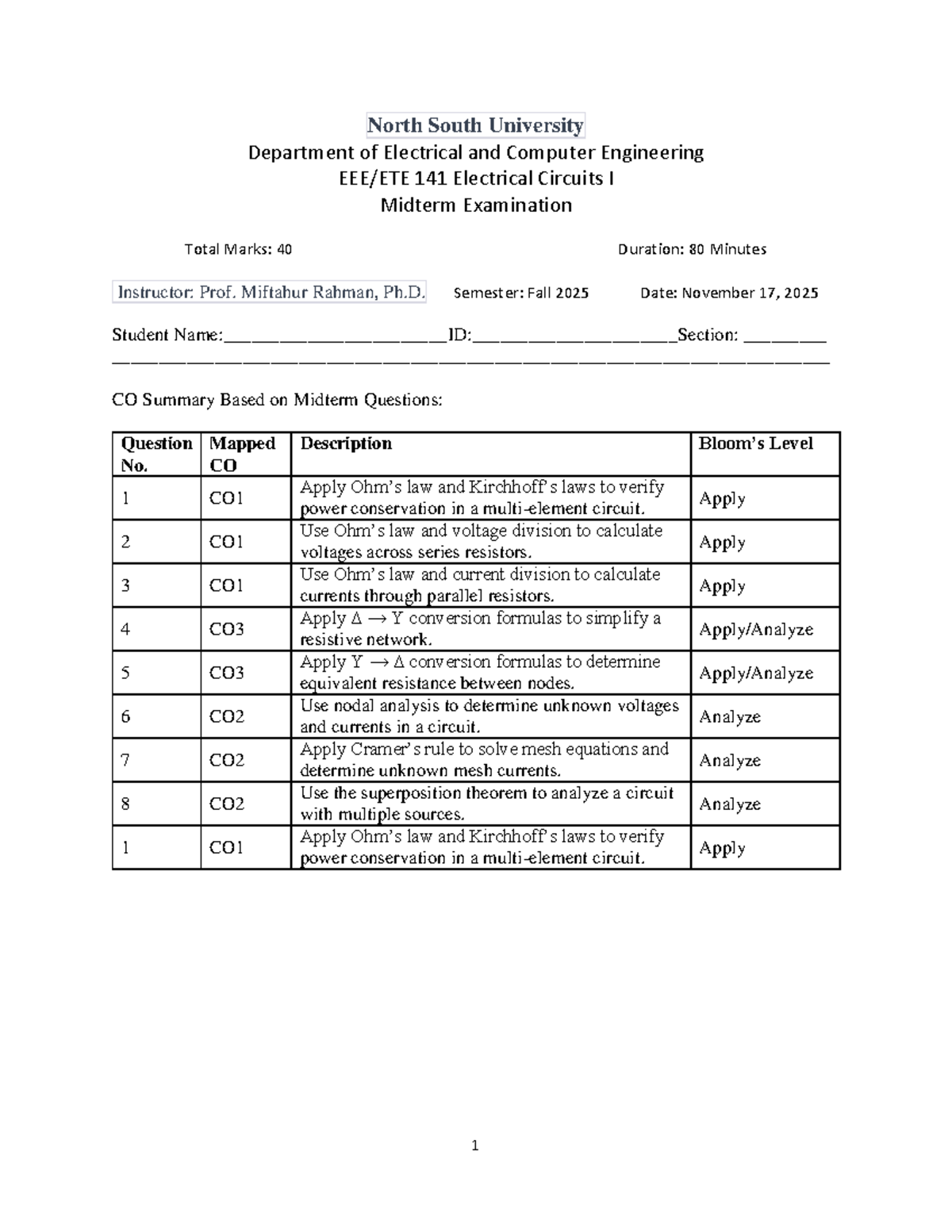 EEE141 Electrical Circuits I Midterm Exam Summary - Fall 2025 - Studocu