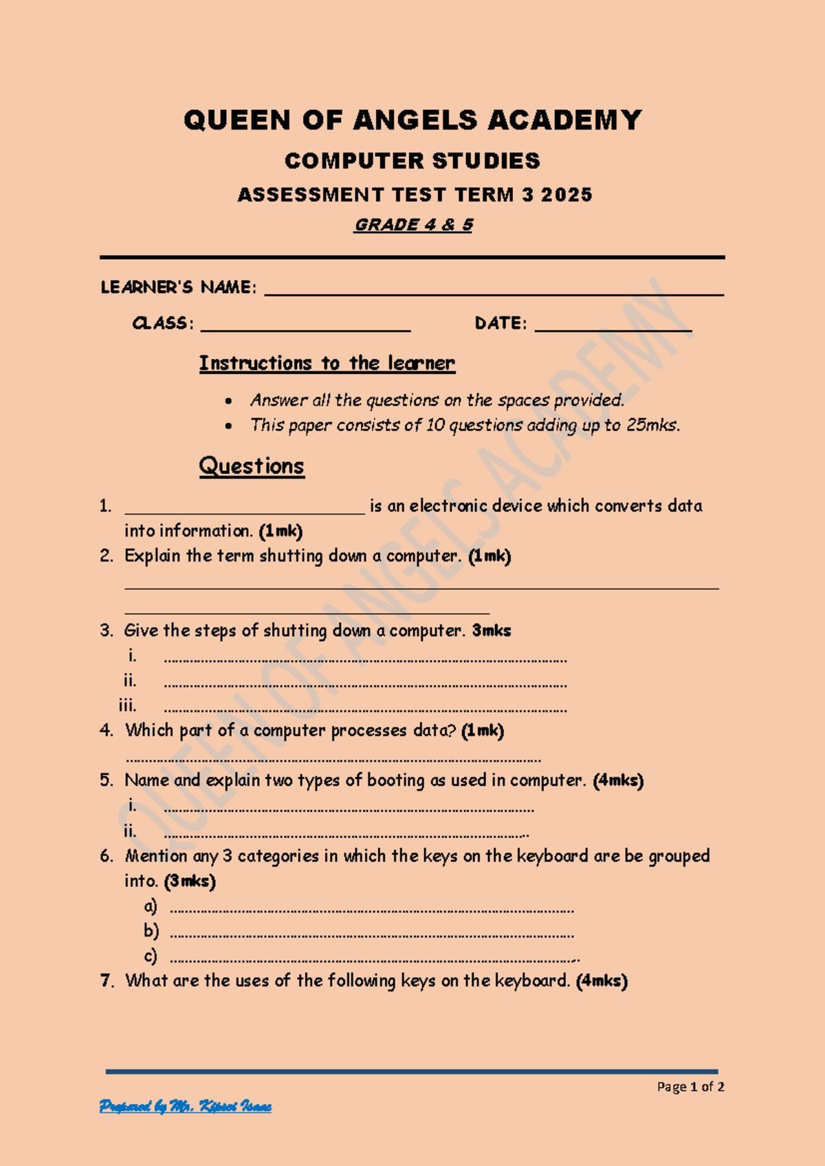 Grade 4 & 5 Computer Studies Assessment Test Term 3 2025 - Studocu