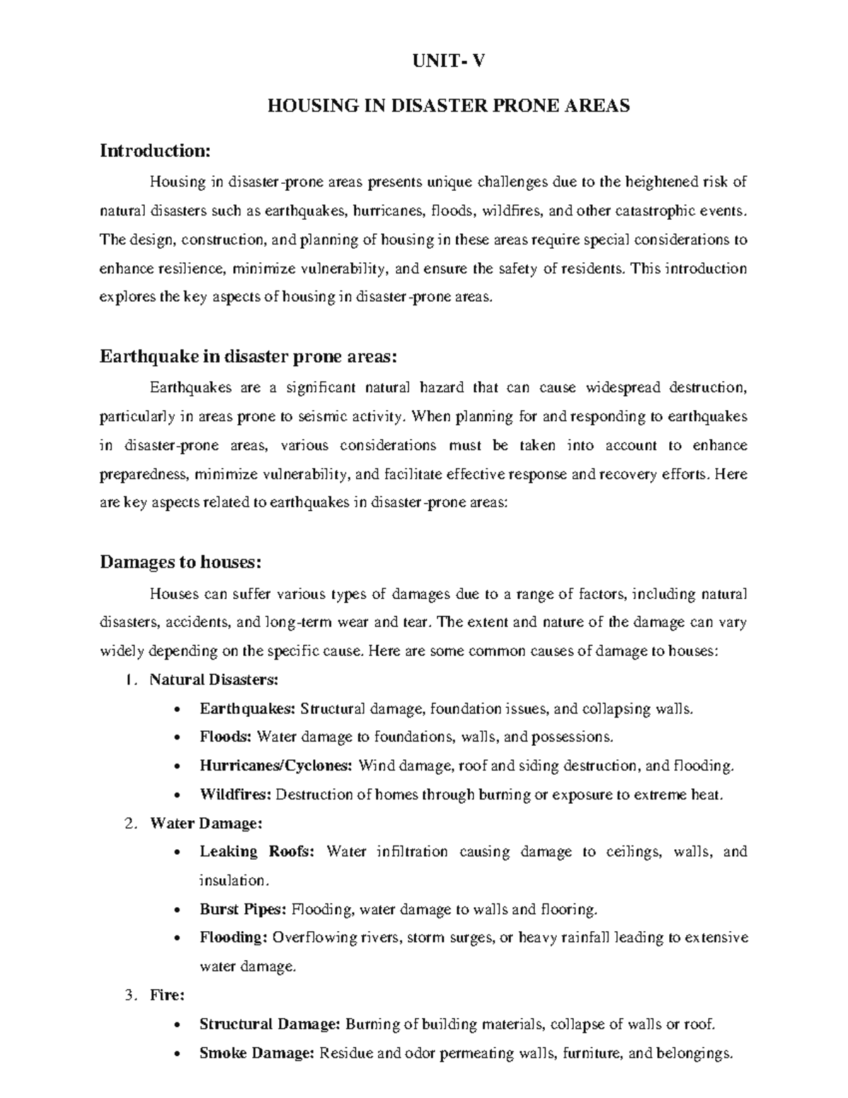 CEHT Unit 5 - Easy to learn - UNIT- V HOUSING IN DISASTER PRONE AREAS ...