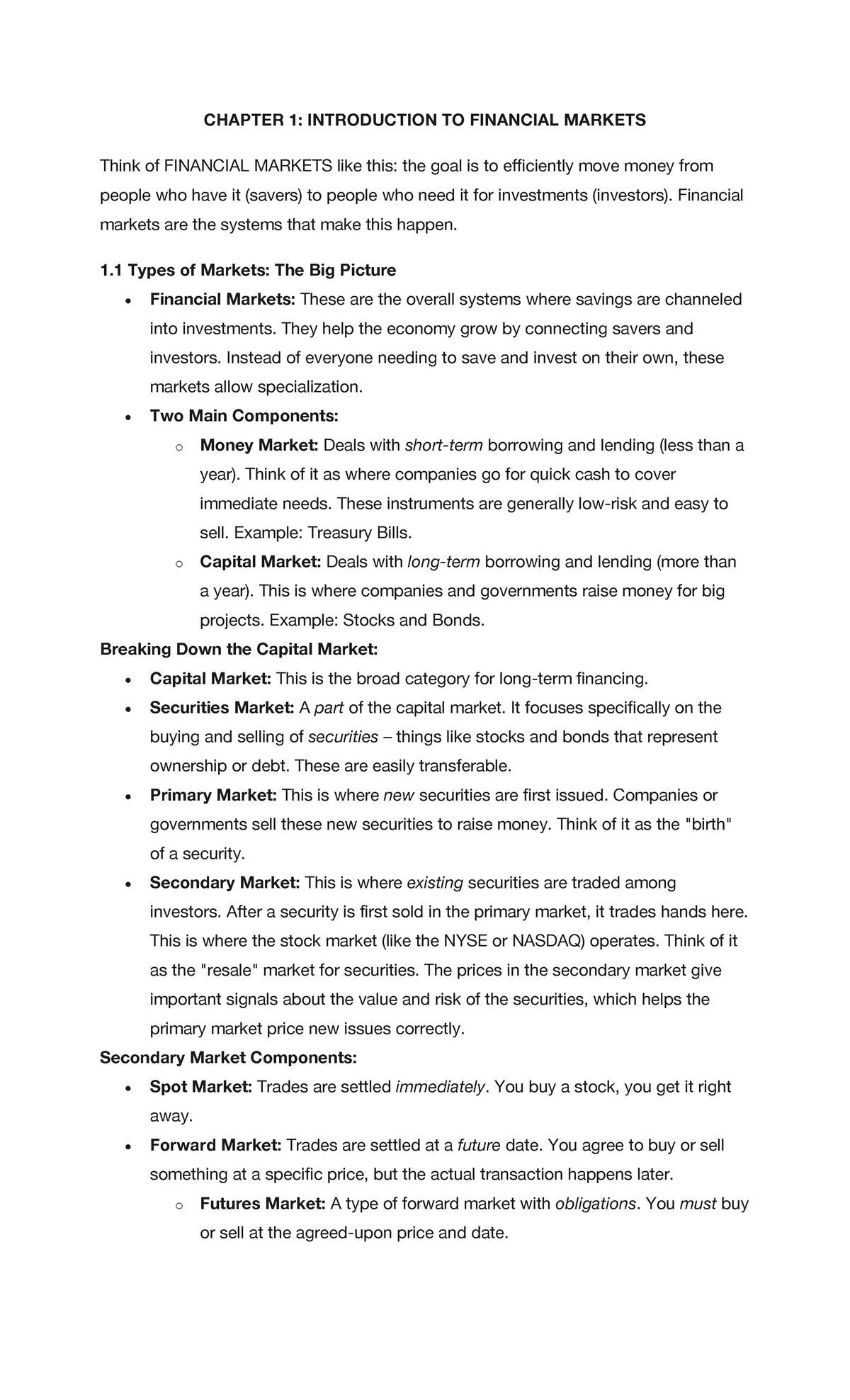 CHAPTER 1: INTRODUCTION TO FINANCIAL MARKETS SUMMARY NOTES - Studocu