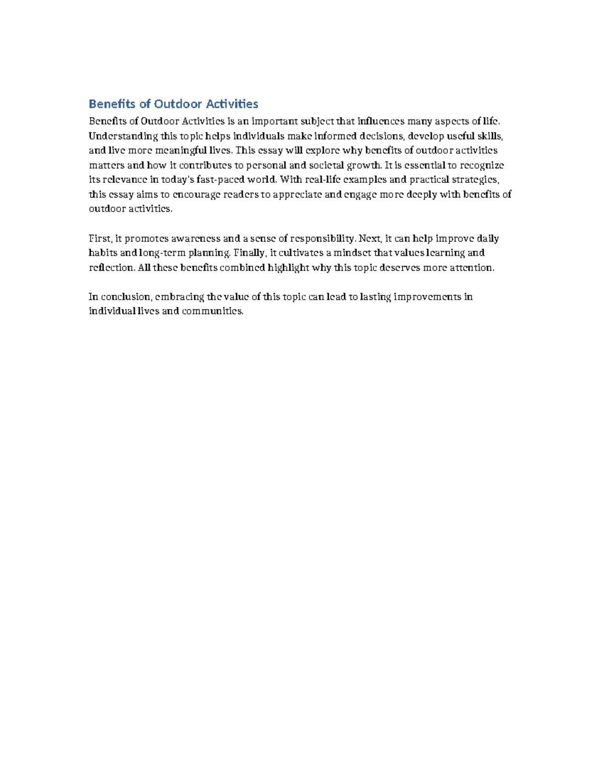 Essay 25: Exploring the Benefits of Outdoor Activities - Studocu
