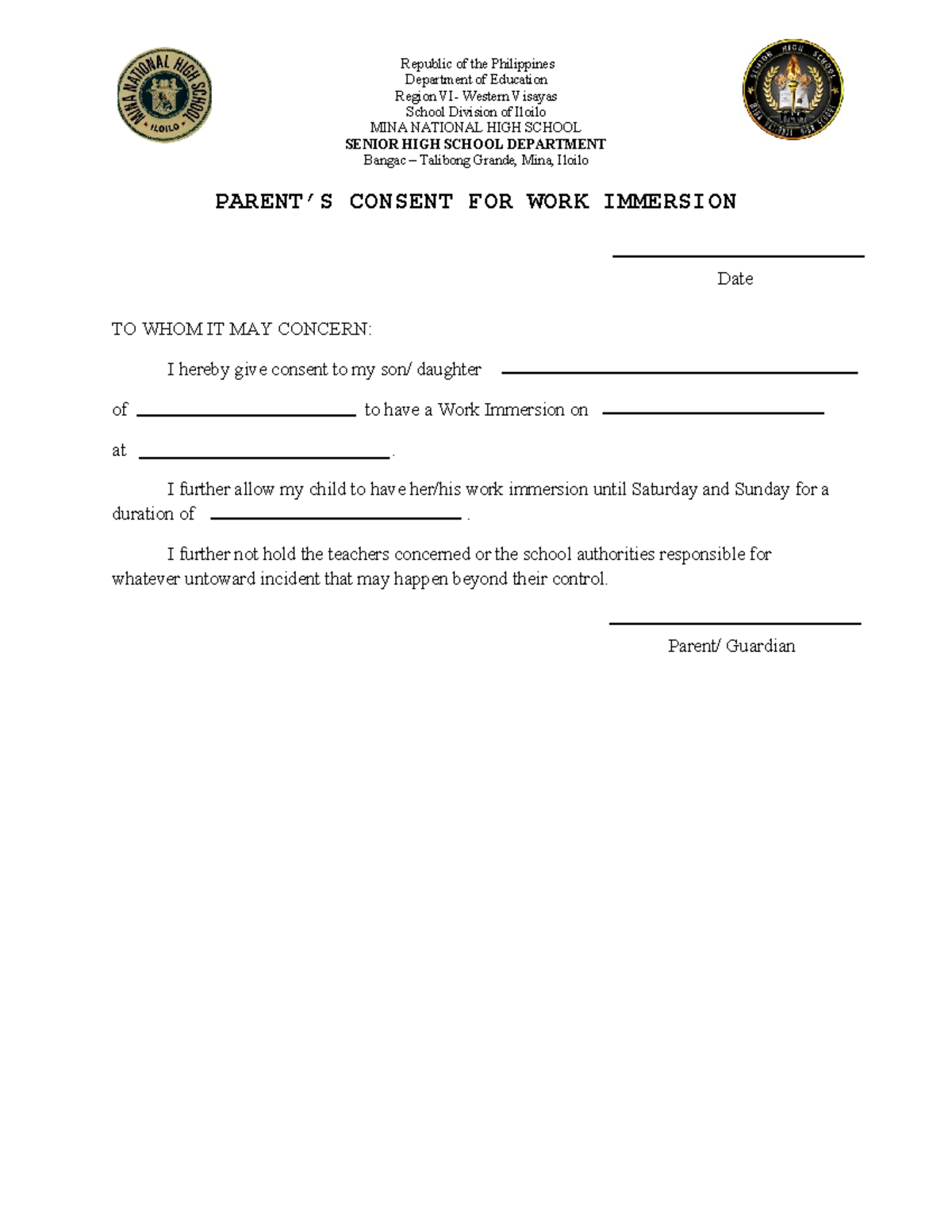 Parents consent - Republic of the Philippines Department of Education ...