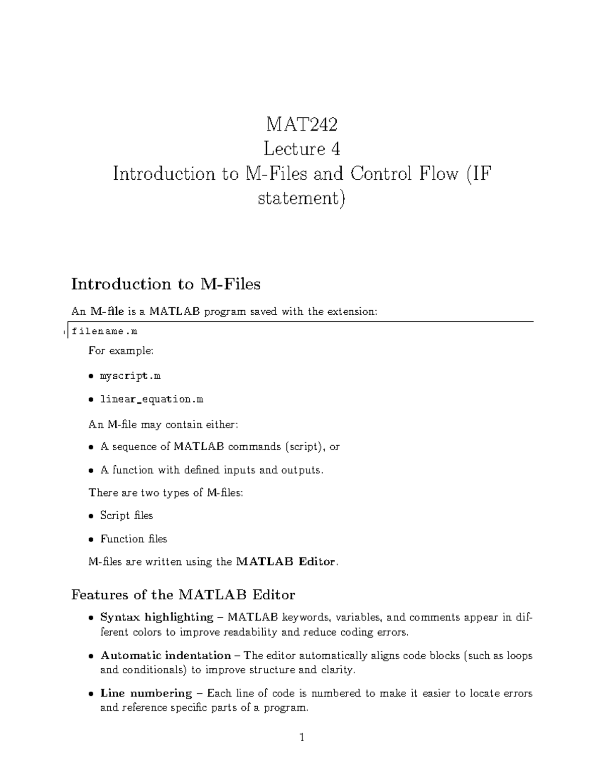MAT242 Lecture 4: Introduction to Control Flow and MATLAB Scripts - Studocu