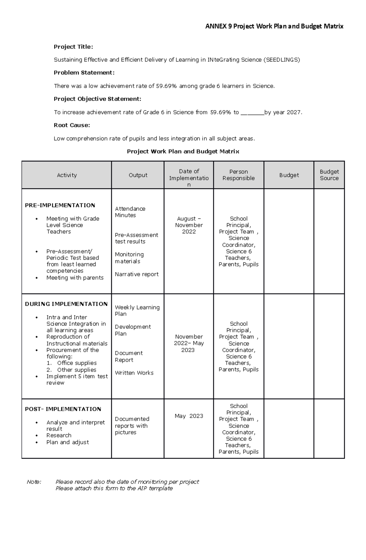 SEEDLINGS Project Work Plan & Budget Matrix for Grade 6 Science - Studocu