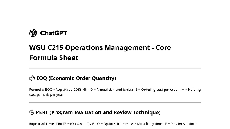 WGU C215 Operations Management Formula Sheet: EOQ & PERT - Studocu