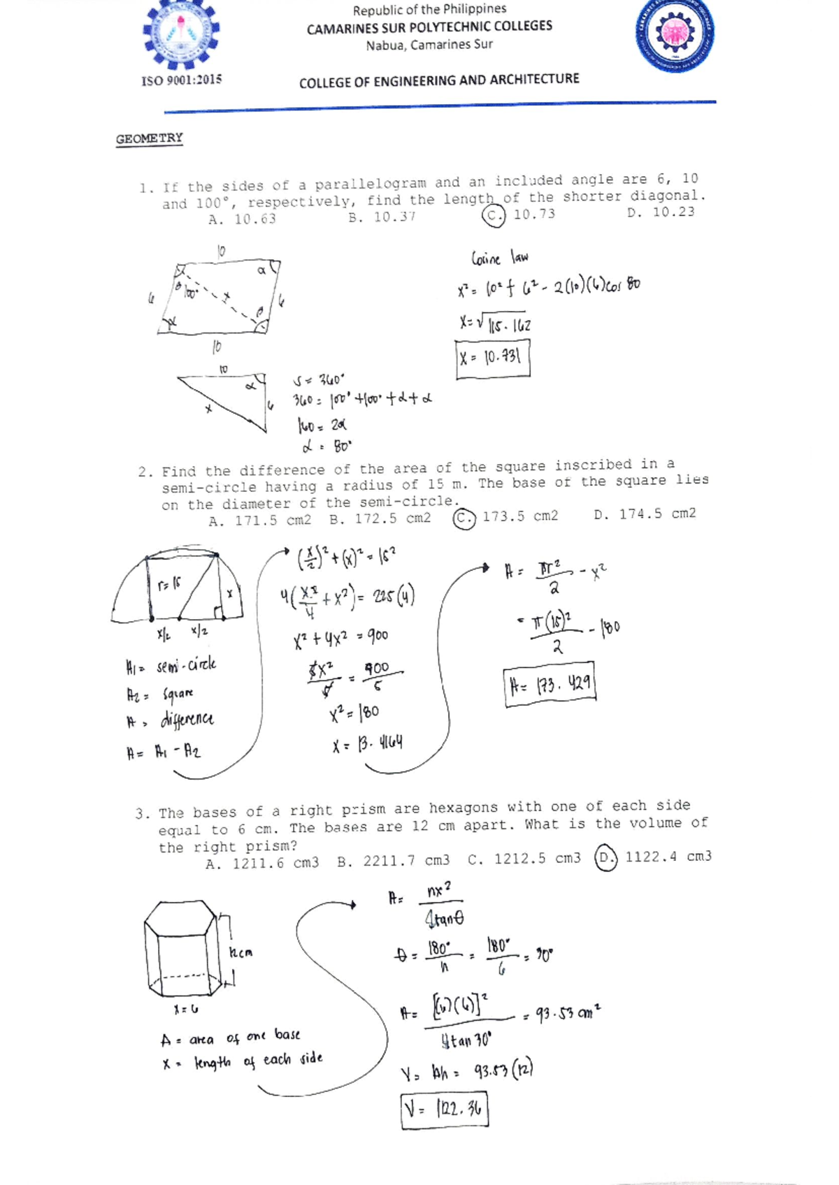 Geometry 1 Answer Sheet - CAMARINES SUR POLYTECHNIC COLLEGES - Studocu