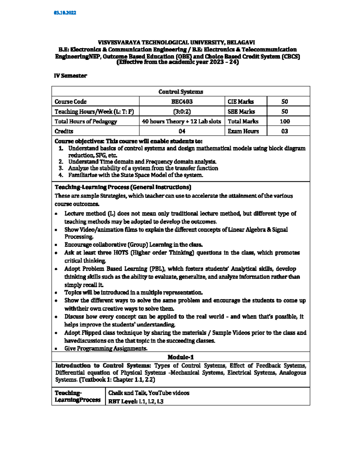 Control Systems BEC403: 4th Sem CIE & SEE Exam Preparation Notes - Studocu