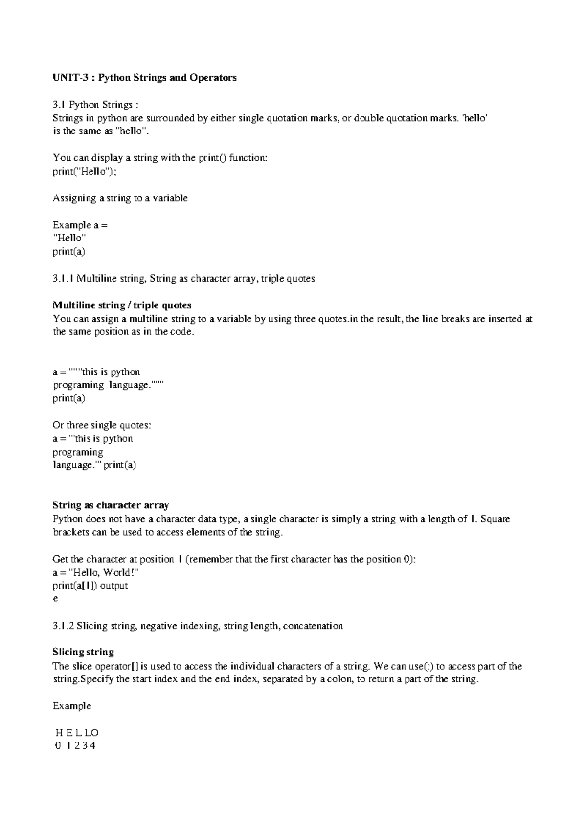 PS UNIT-3 For BCA - UNIT-3 : Python Strings and Operators 3 Python ...