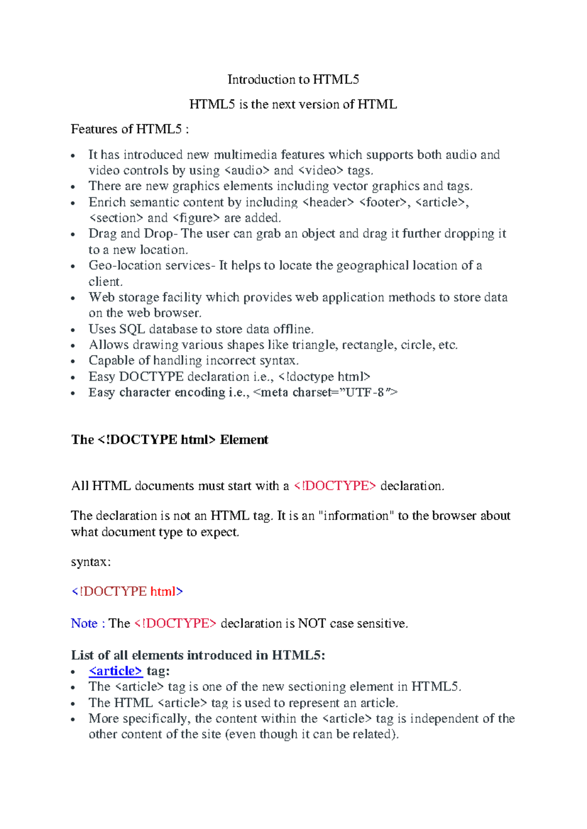 Introduction to HTML5 Features and Elements Overview - Studocu