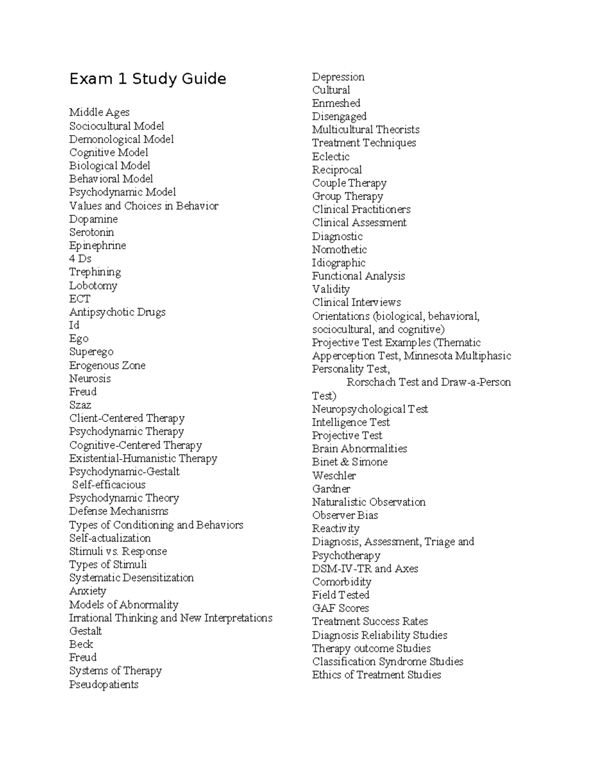 Psychology 101: Exam 1 Study Guide on Models & Theories - Studocu