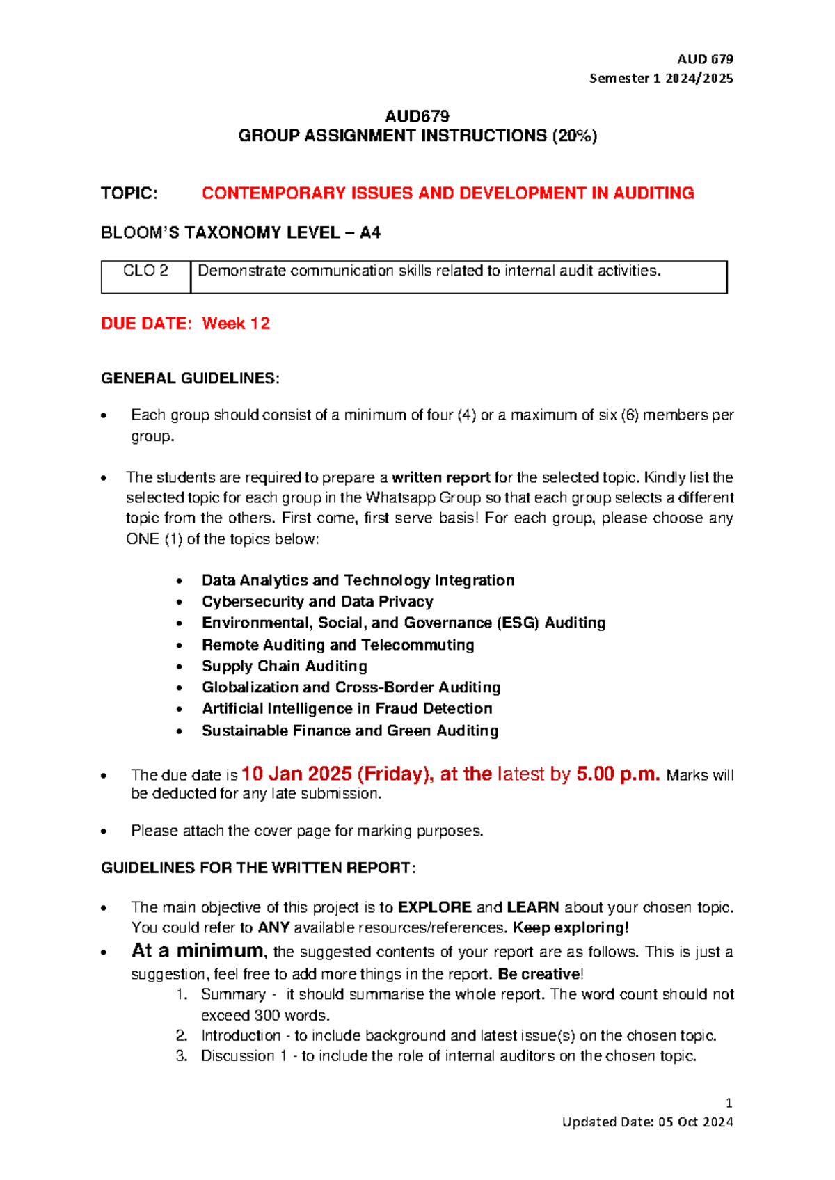 AUD 679 Group Assignment: Contemporary Issues in Auditing Report - Studocu
