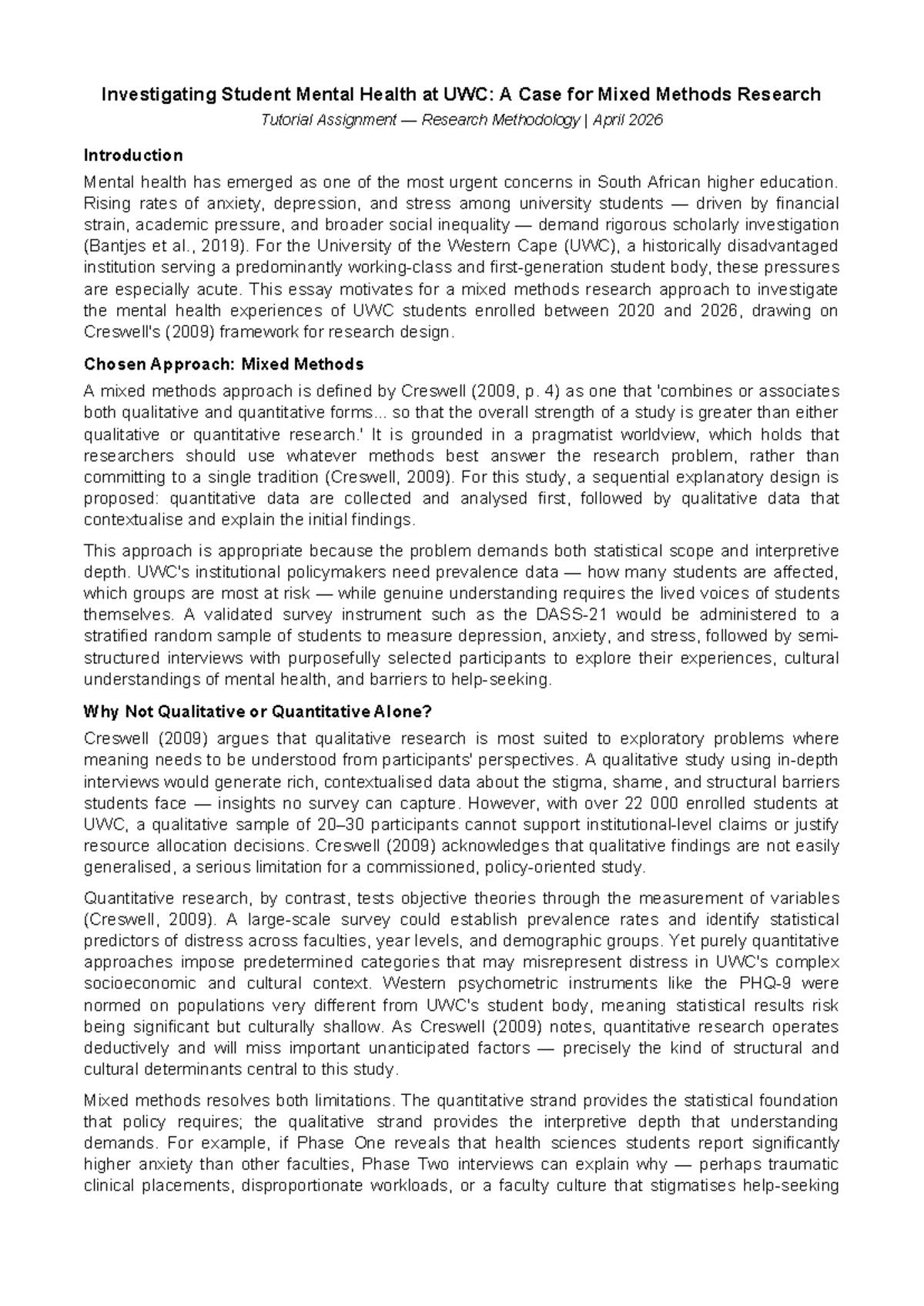 UWC Mental Health Research Methodology: A Mixed Methods Approach - Studocu