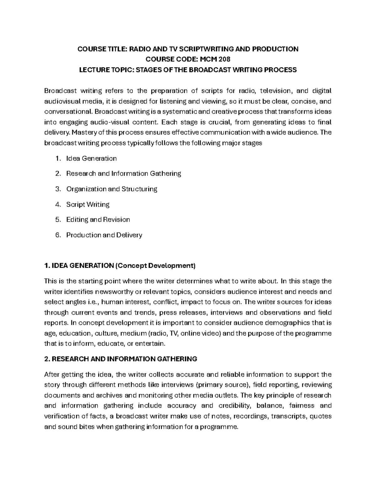 MCM 208: Stages of the Broadcast Writing Process - Lecture Notes - Studocu
