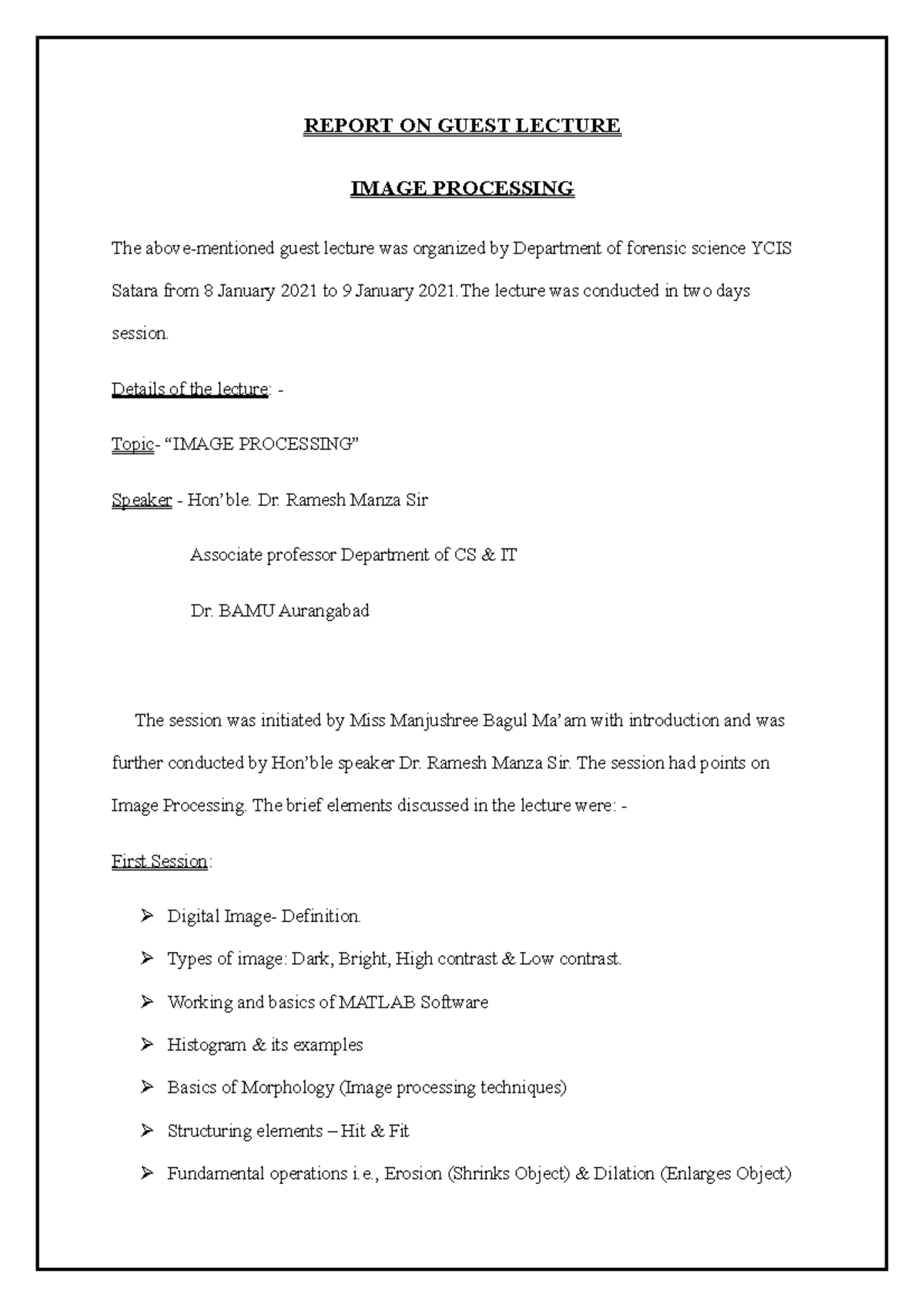 Report ON Image Processing - REPORT ON GUEST LECTURE IMAGE PROCESSING ...