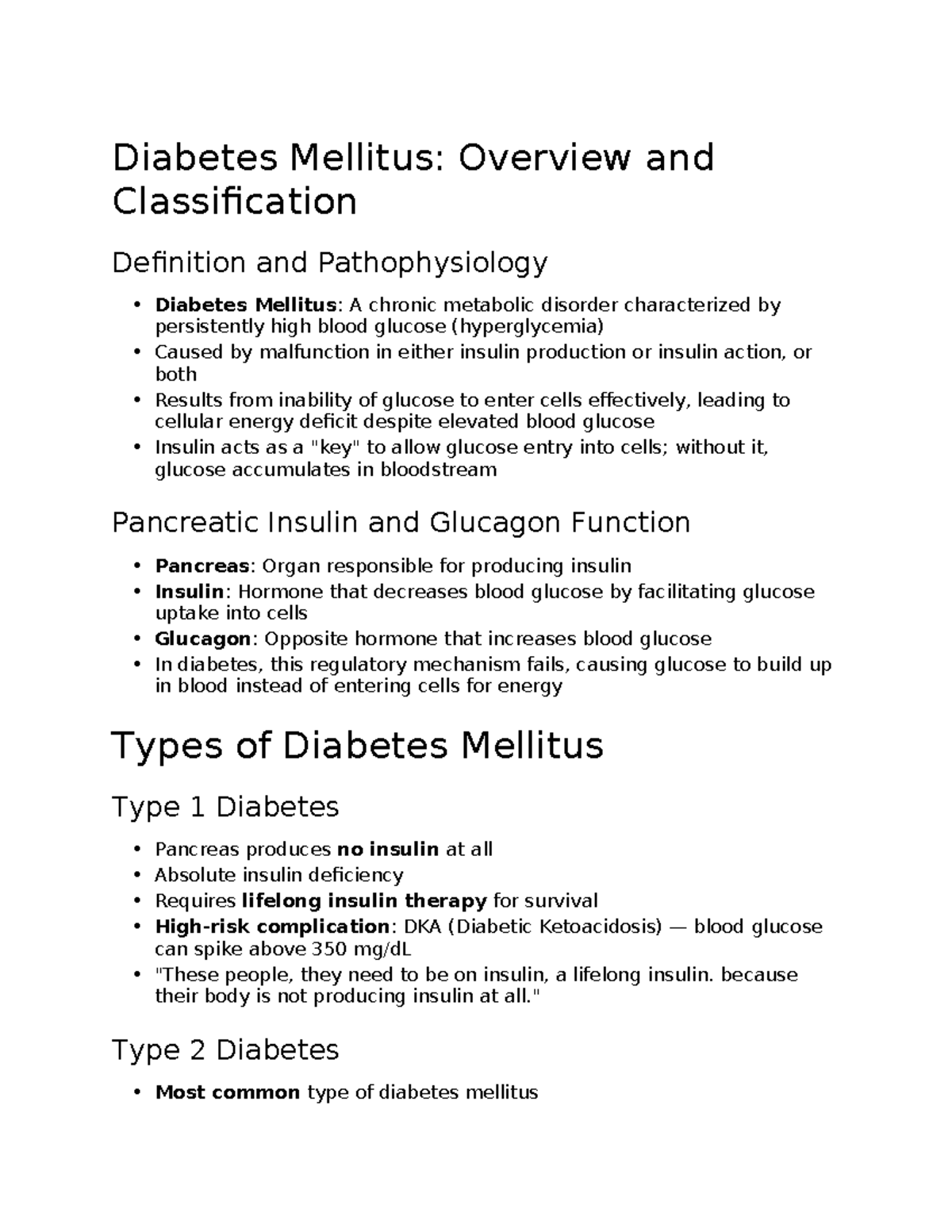 Diabetes Mellitus: Overview, Types, and Pathophysiology Insights - Studocu