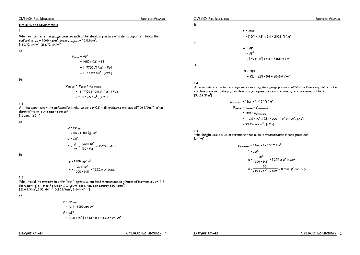 CIVE1400: Fluid Mechanics Example Answers and Solutions - Studocu
