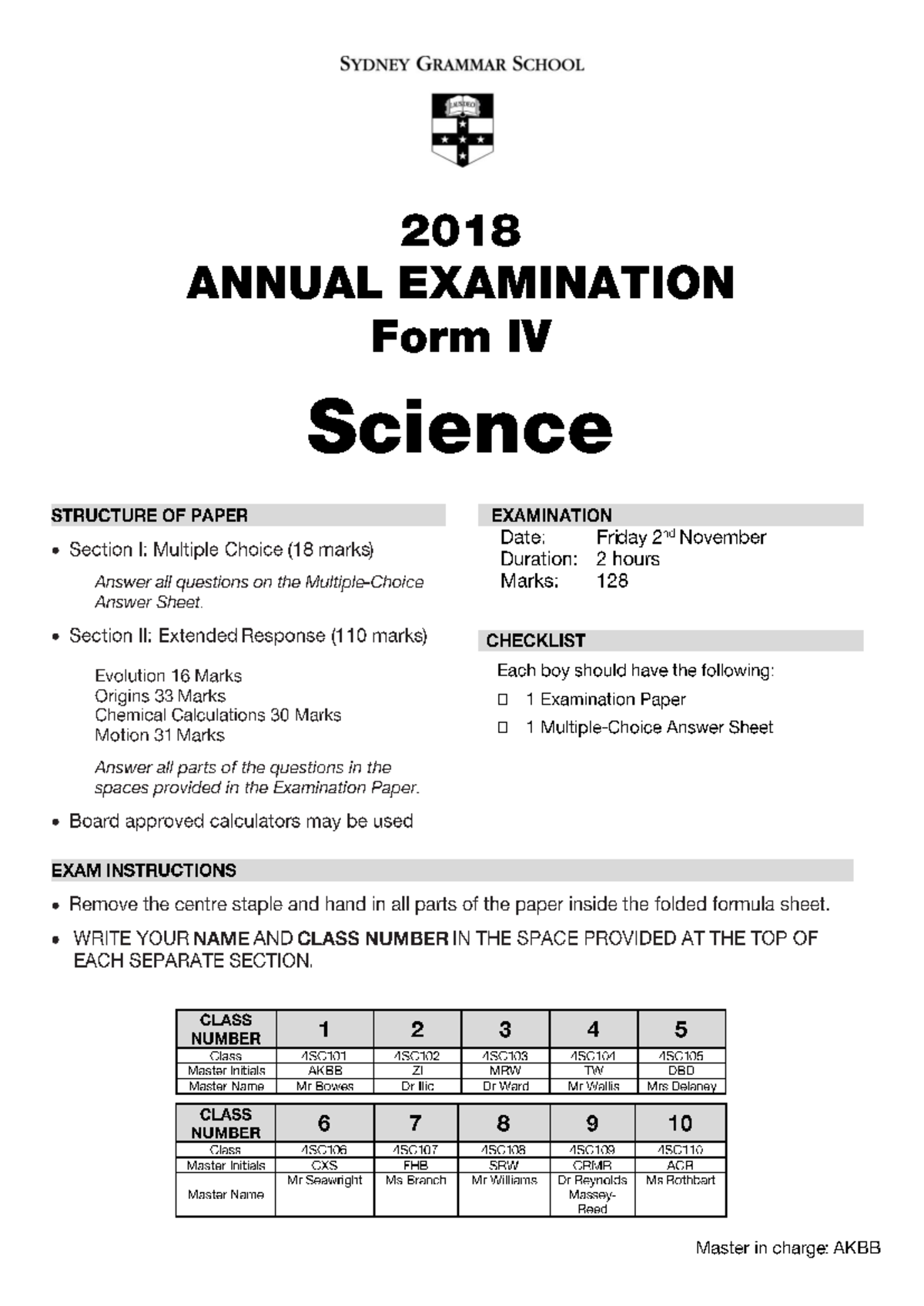 2018 Form IV Science Annual Exam - Sydney Grammar School - Studocu