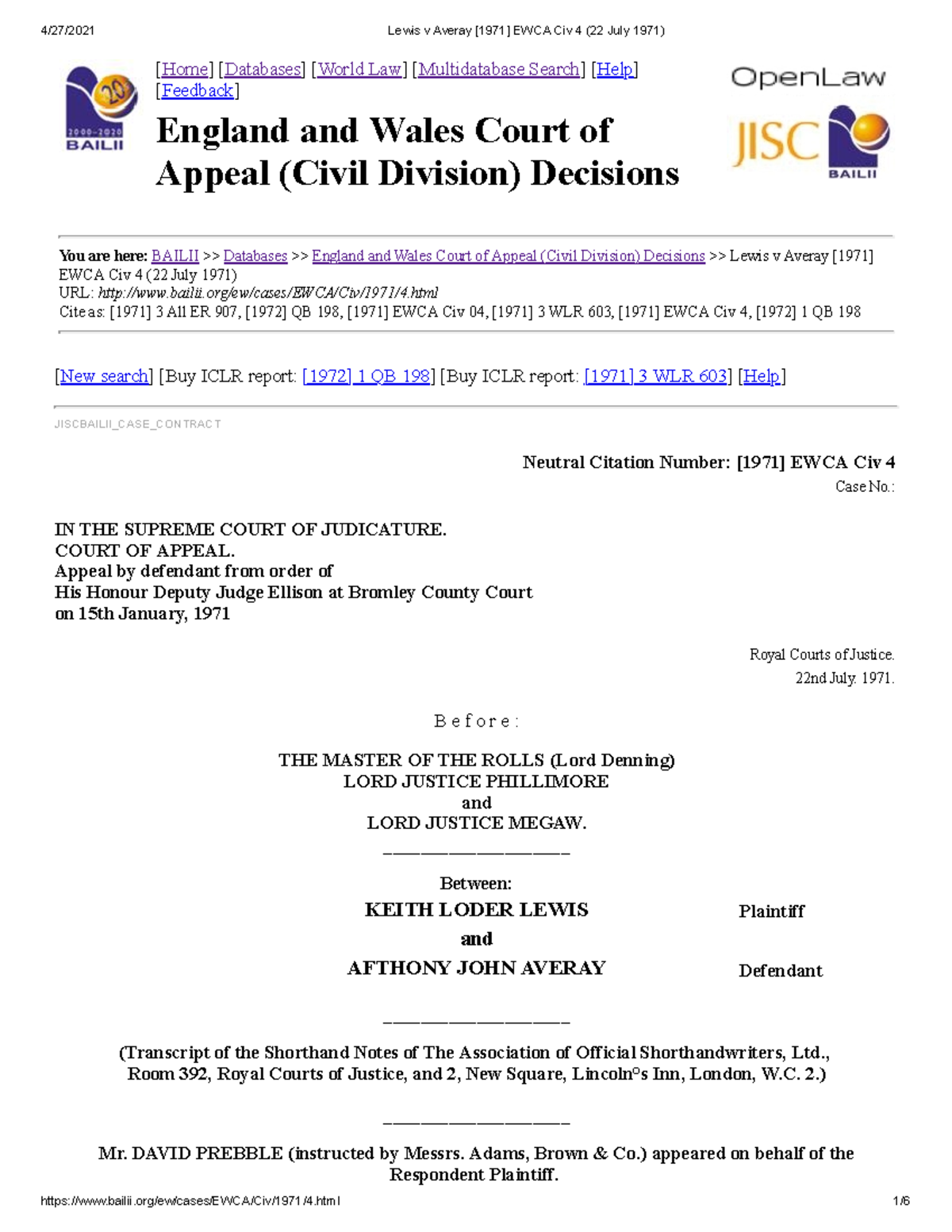 Lewis v Averay [1971] EWCA Civ 4: Appeal Judgment Analysis - Studocu