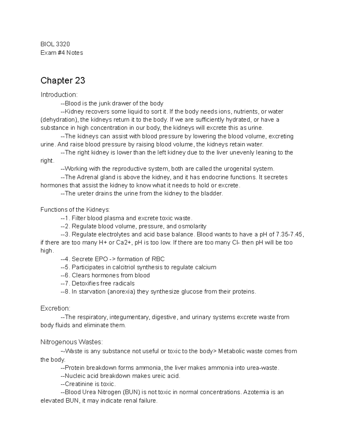 Final Exam Study Guide for BIOL 3320: Exam 4 Notes on Kidney Functions ...