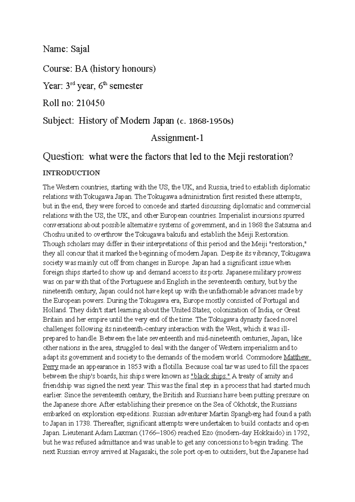 Assignment of japam - JAPAN - Name: Sajal Course: BA (history honours ...