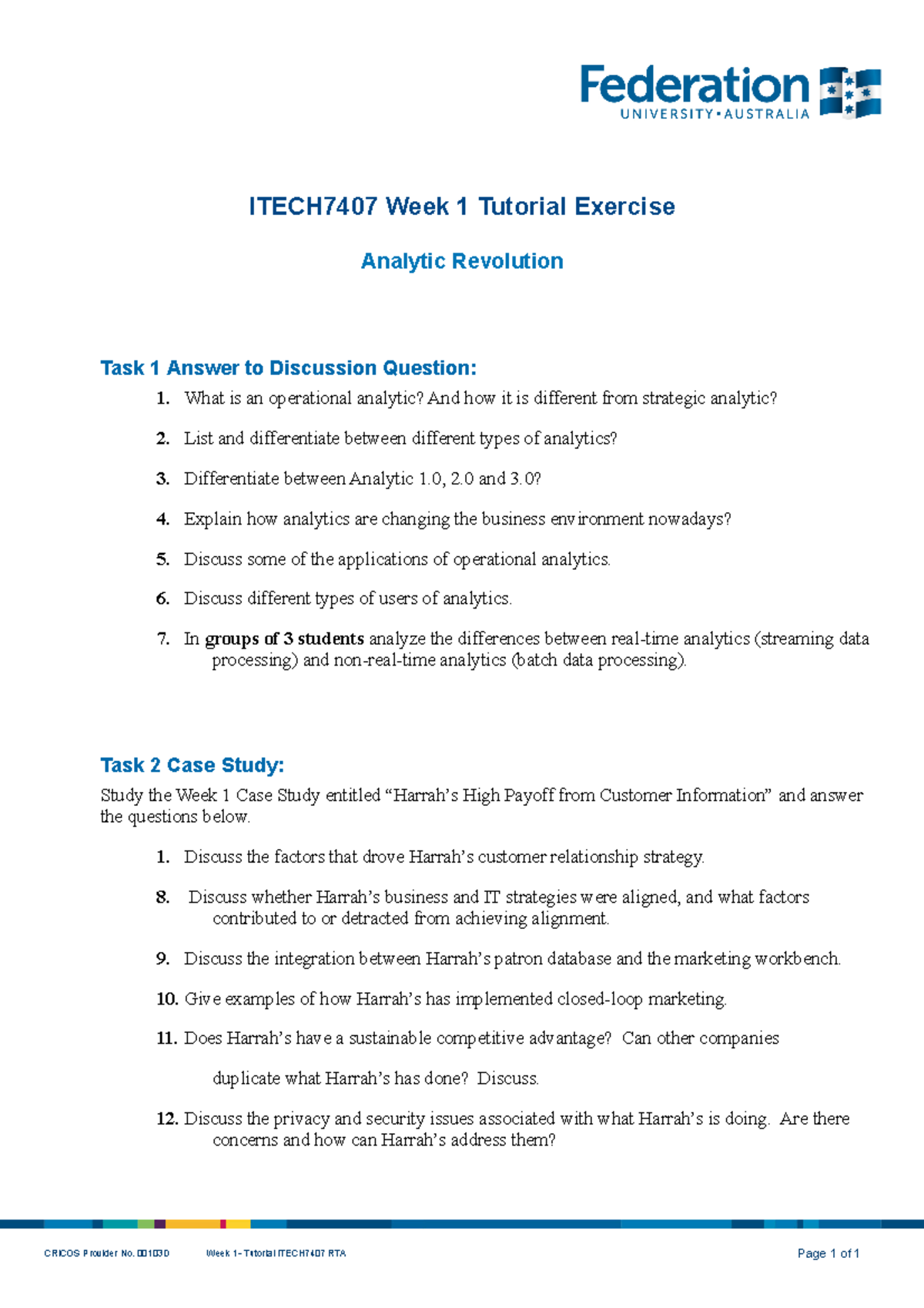 Week 1 Tutorial Exercise - ITECH7407 Week 1 Tutorial Exercise Analytic ...