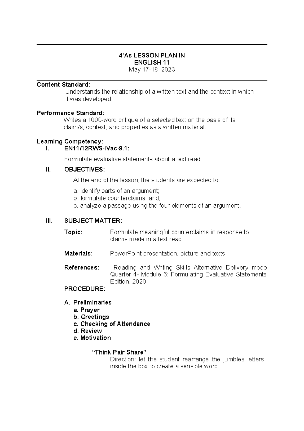Lesson Plan: Formulating Assertions in English 11 - May 2023 - Studocu