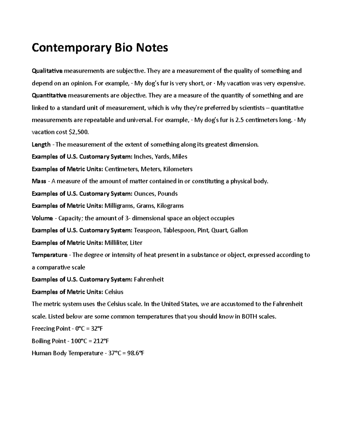 Contemporary Bio Notes: Understanding Measurements and Units - Studocu