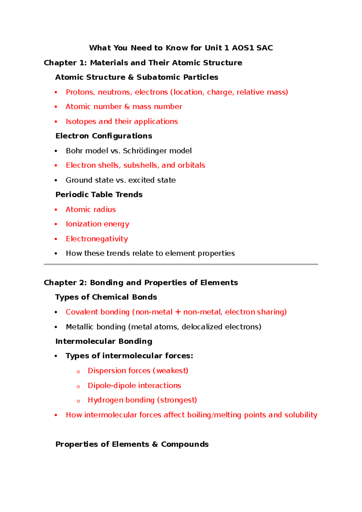 Unit 1 AOS1 SAC Study Guide: Atomic Structure & Bonding - Studocu