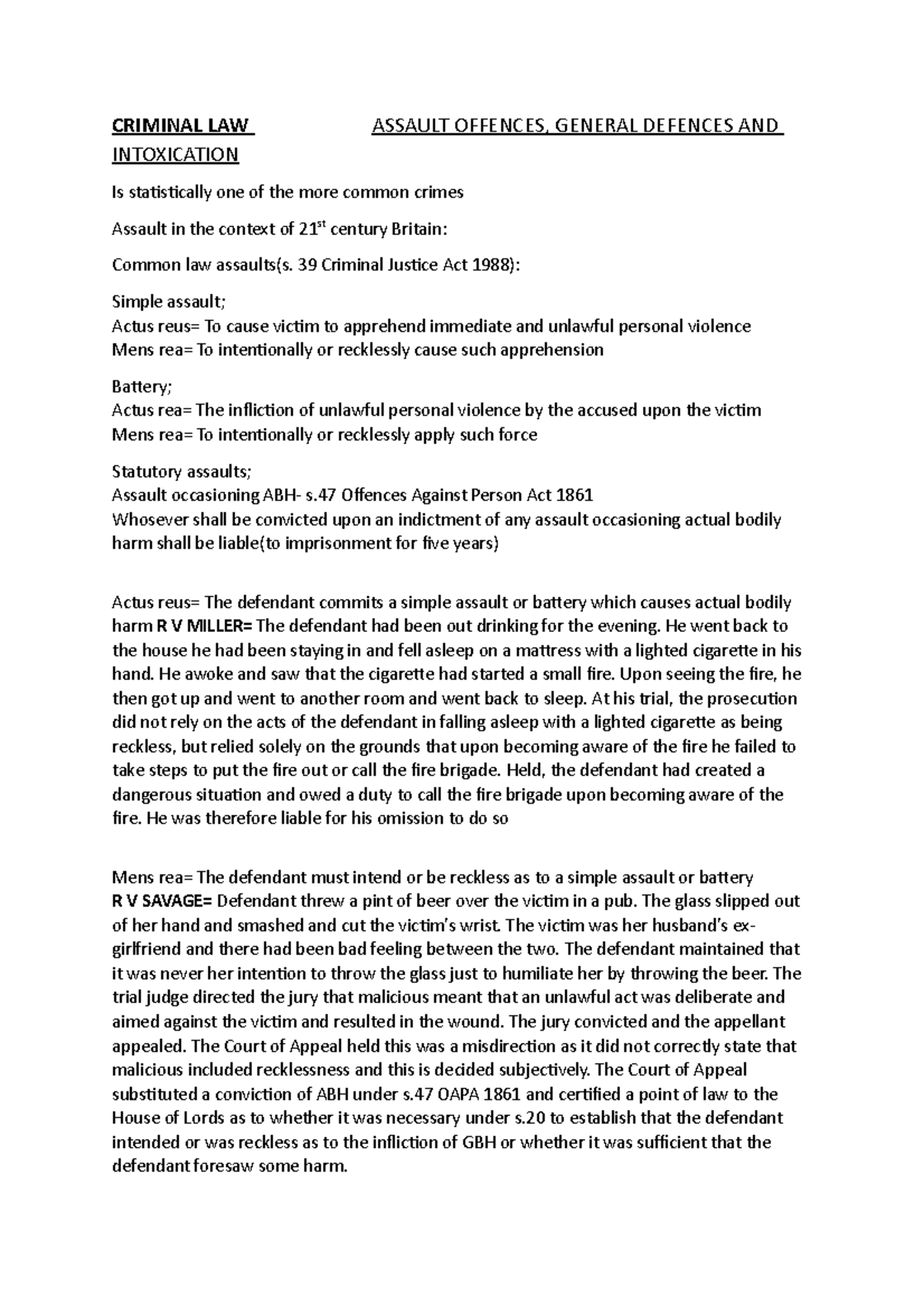 Assault offences, General defences and Intoxication - CRIMINAL LAW ...