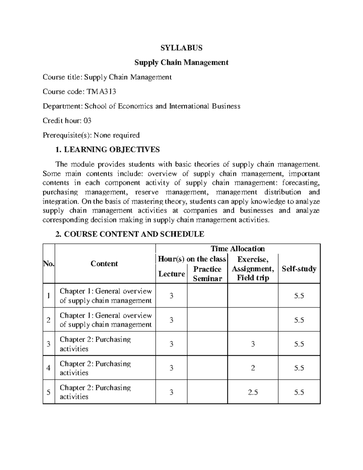 TMA Course Syllabus: Supply Chain Management Overview and Assessment ...
