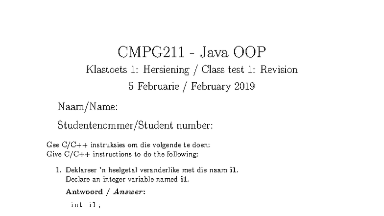 CMPG211 Java OOP Klastoets 1: Hersiening en Instruksies - Studocu