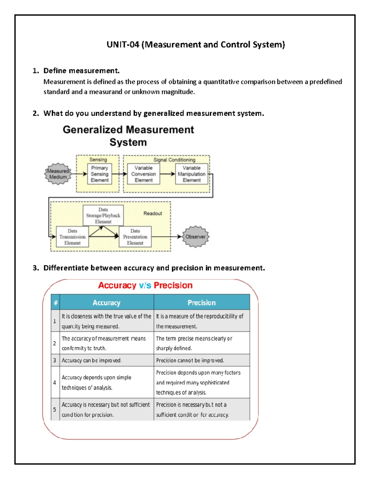 QA Unit 4: Notes on Measurement & Control Systems (FMEM) - Studocu
