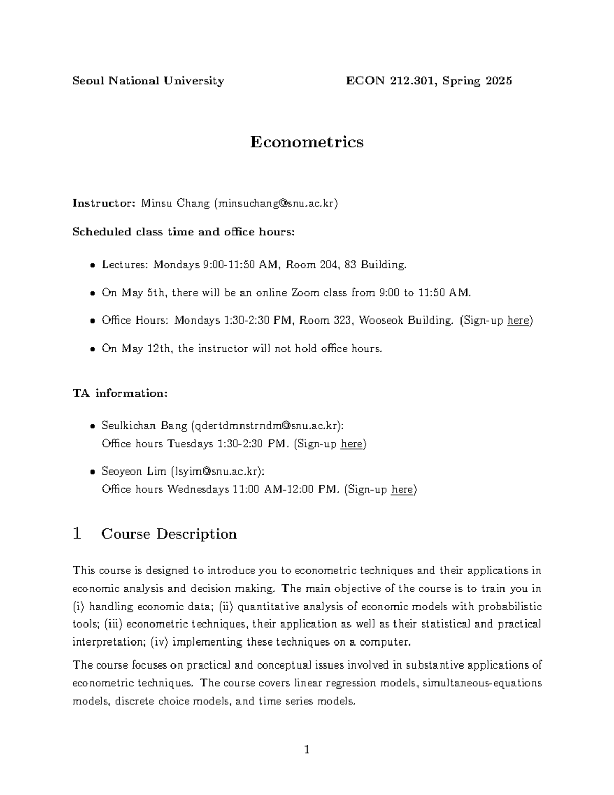 ECON 212.301 Syllabus: Econometrics Course Outline - Spring 2025 - Studocu